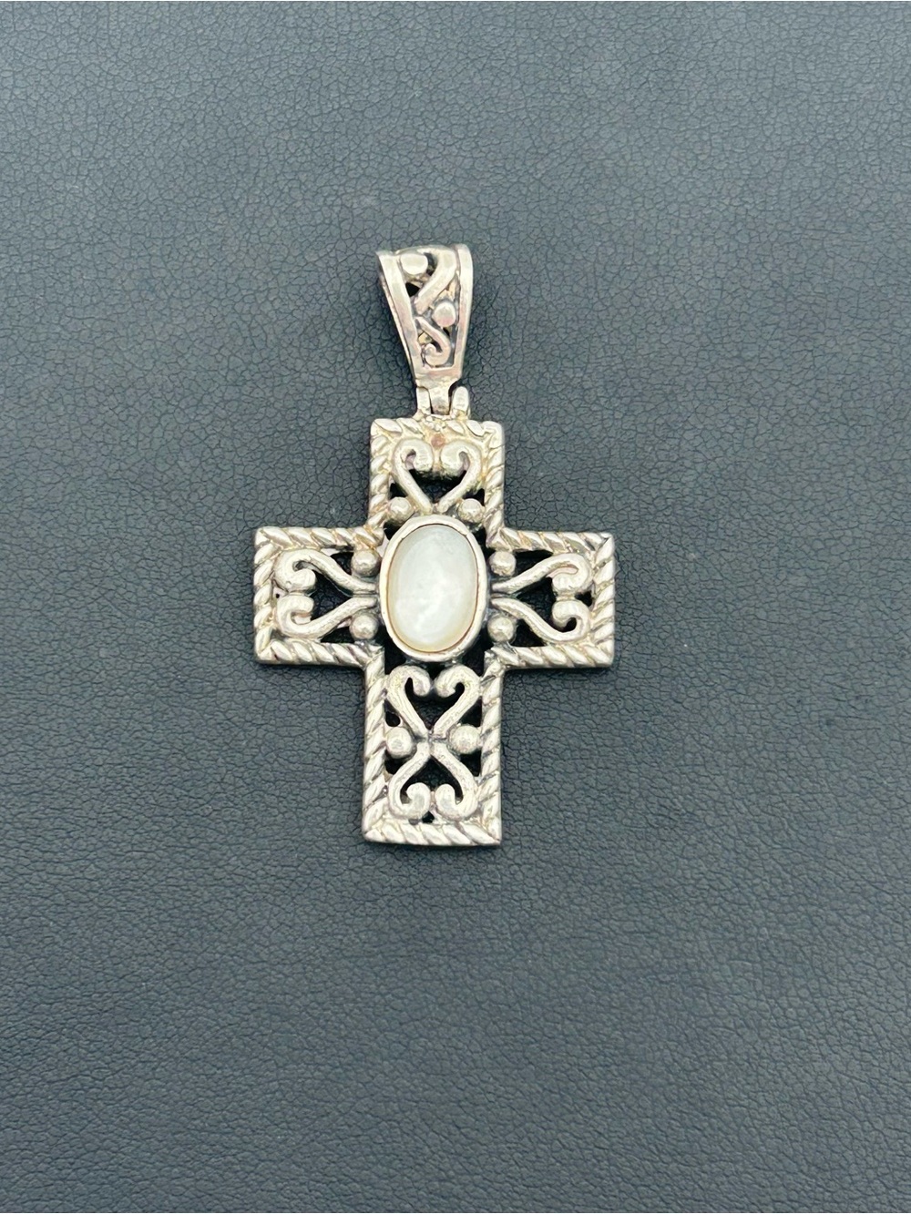 Sterling Silver Filigree Cross with Pearlescent Stone Pendant